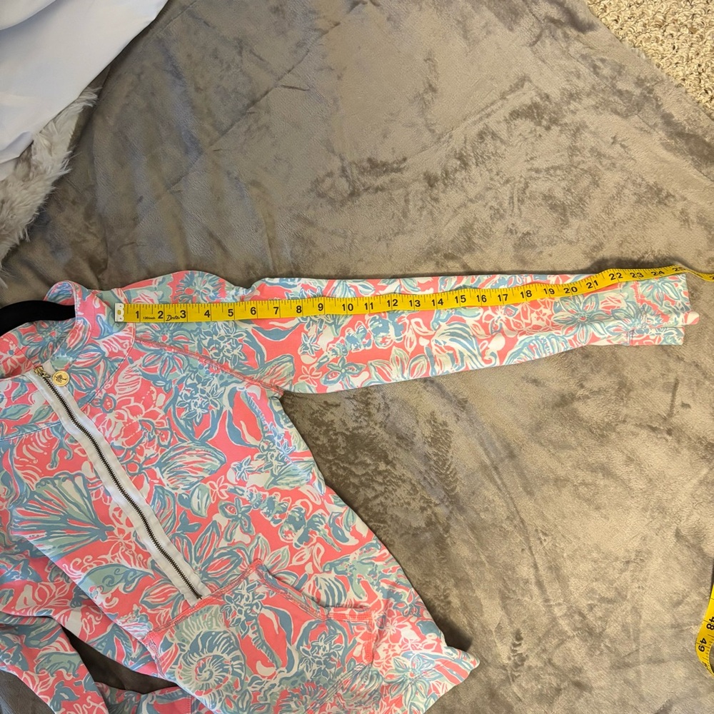 Lilly Pulitzer Coral & Aqua Floral Half-Zip Pullover Palm Tree Zip Detail Sz XS - Picture 7 of 8